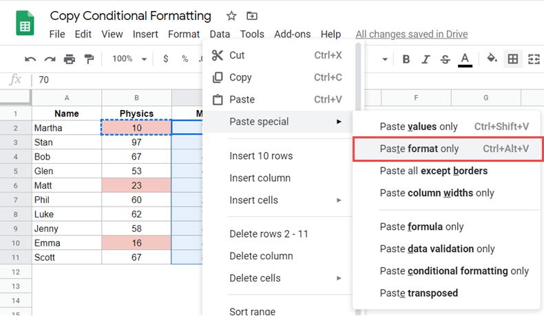 Cách sao chép định dạng có điều kiện trong Gooogle Sheets